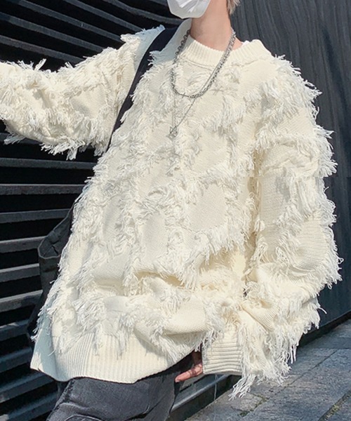 SEN TOKYO（セントーキョー）の「個性際立つフリンジ。格子柄シャギーニット（ニット/セーター・メンズ・ホワイト/ブラック・L/M）」の20枚目の写真
