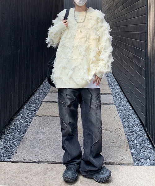 SEN TOKYO（セントーキョー）の「個性際立つフリンジ。格子柄シャギーニット（ニット/セーター・メンズ・ホワイト/ブラック・L/M）」の21枚目の写真