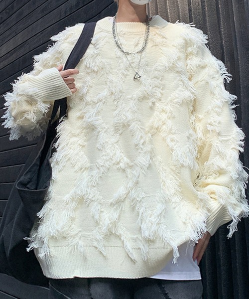 SEN TOKYO（セントーキョー）の「個性際立つフリンジ。格子柄シャギーニット（ニット/セーター・メンズ・ホワイト/ブラック・L/M）」の22枚目の写真
