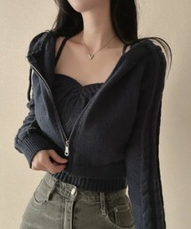 新色追加/2点セット　フード付ショート丈ニットトップス+キャミソール