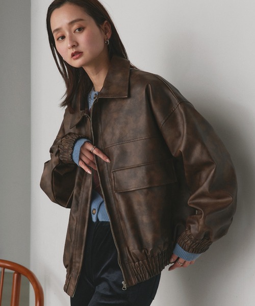 ad thie(アドティエ)の「ヴィンテージライク オーバーブルゾン(ライダースジャケット・レディース・ブラウン/ボルドー/カーキ/ブラック/グレー・FREE)」の3枚目の写真