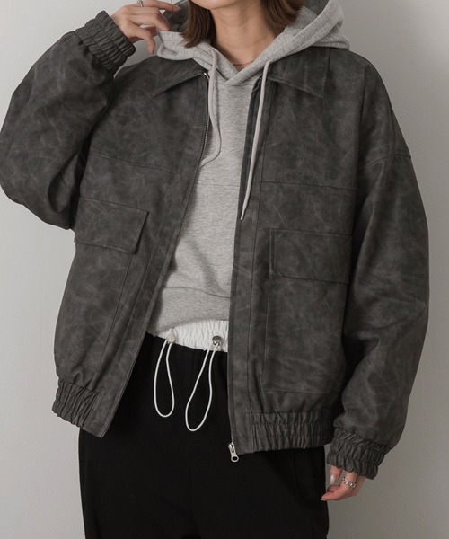 ad thie(アドティエ)の「ヴィンテージライク オーバーブルゾン(ライダースジャケット・レディース・ブラウン/ボルドー/カーキ/ブラック/グレー・FREE)」の2枚目の写真