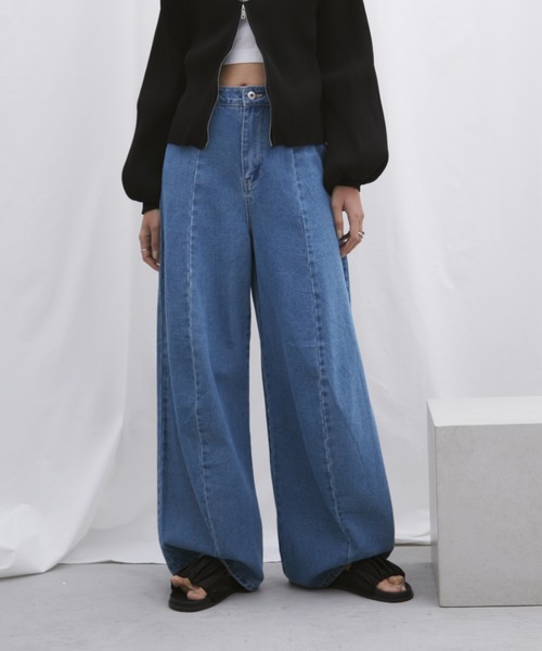 S,M,Lサイズ展開】バレルレッグワイドデニムパンツ/美シルエット