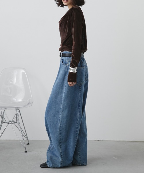 Aunt Marie'sバレルレッグワイドデニムパンツ/オールシーズン着用可 S,M,Lサイズ展開】バレルレッグワイドデニムパンツ/美シルエット