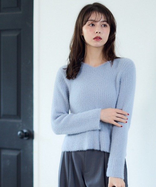 トゥエルブアジェンダ 12Twelve Agenda 前後2wayラメワイドリブシャギーニット （サックス） セール】前後2wayラメワイドリブシャギーニットプルオーバー