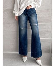 GYDA | ハイウエストKNEEダメージbijouワイドデニムパンツ(デニムパンツ)