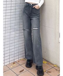 GYDA | ハイウエストKNEEダメージbijouワイドデニムパンツ(デニムパンツ)