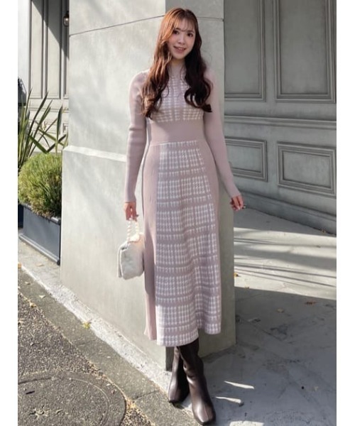 セール】千鳥柄バックリボンフレアニットワンピース（ワンピース