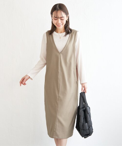 ikka（イッカ）の「【2点セット】ジャンパースカートセット（ジャンパースカート・レディース・ベージュ/ブラック・M/L/S）」の3枚目の写真