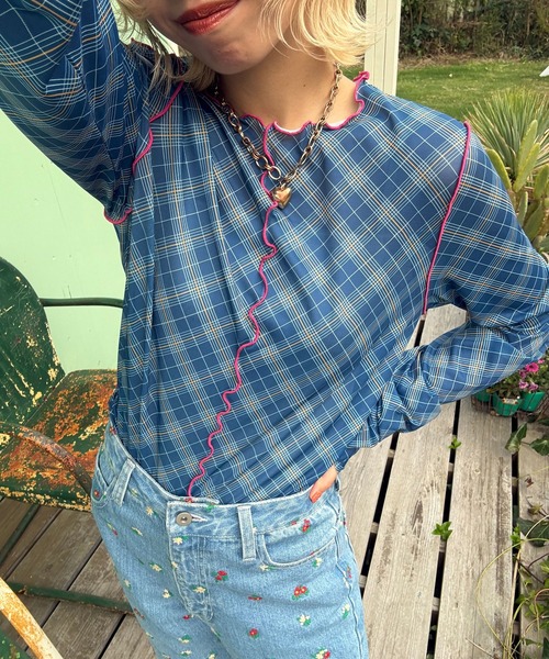 HELLO.SANFRANCISCO（ハローサンフランシスコ）の「【HELLO.SANFRANCISCO/ハローサンフランシスコ】チェックチュールトップス（Tシャツ/カットソー・レディース・ブルー/グレー/オレンジ/レッド/ブルー系その他・ONE SIZE）」の3枚目の写真