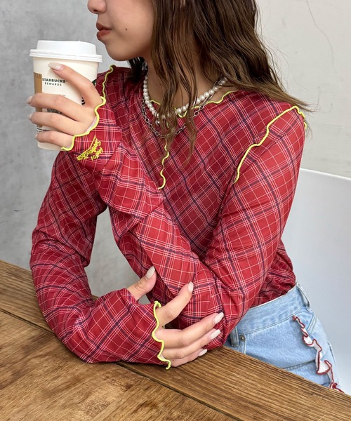 HELLO.SANFRANCISCO（ハローサンフランシスコ）の「【HELLO.SANFRANCISCO/ハローサンフランシスコ】チェックチュールトップス（Tシャツ/カットソー・レディース・ブルー/グレー/オレンジ/レッド/ブルー系その他・ONE SIZE）」の4枚目の写真