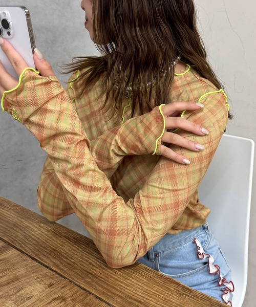 HELLO.SANFRANCISCO（ハローサンフランシスコ）の「【HELLO.SANFRANCISCO/ハローサンフランシスコ】チェックチュールトップス（Tシャツ/カットソー・レディース・ブルー/グレー/オレンジ/レッド/ブルー系その他・ONE SIZE）」の5枚目の写真