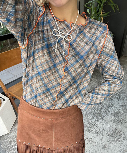 HELLO.SANFRANCISCO（ハローサンフランシスコ）の「【HELLO.SANFRANCISCO/ハローサンフランシスコ】チェックチュールトップス（Tシャツ/カットソー・レディース・ブルー/グレー/オレンジ/レッド/ブルー系その他・ONE SIZE）」の2枚目の写真