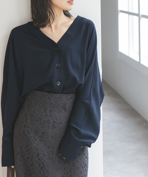 Spick and Span Noble - Noble(ノーブル)クロスデザイン リブニット　ブラック 追加2》エステルダブルクロスカーデブラウス（シャツ/ブラウス
