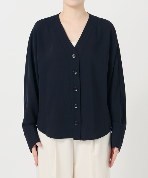 NOBLE ノーブル ブラウス ネイビー 紺 サイズ:FREE | 25春夏 エステルダブルクロス カーデブラウス / シャツ | 長袖 Vネック ドルマンスリーブ ワイド ラウンドヘム | 日本製 | トップス【レディース】【中古】【K4632】 Noble（ノーブル）の「《追加2》エステルダブルクロスカーデブラウス