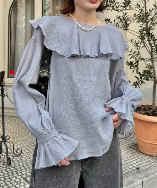 CIAOPANIC TYPY（チャオパニックティピー）の「【India】2WAYラッフルシアーブラウス（シャツ/ブラウス・レディース・ブラック/サックスブルー/ベージュ/オフホワイト/イエロー・ONE SIZE）」の4枚目の写真