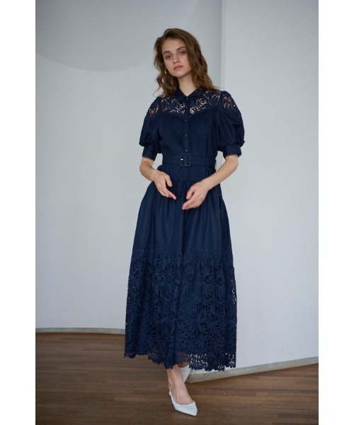 極美品Estella.K エステラケー　ワンピース セール】Isabel Lace Belted Dress ケミカルレーススウィッチング
