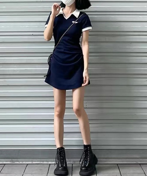 gossip！ロサンゼルス（ゴシップロサンゼルス）の「配色襟ポロ サイド紐調節シャーリング スウェットミニワンピース 3 カラー展開（ワンピース・レディース・ネイビー/ブラック/グレー・FREE）」の11枚目の写真