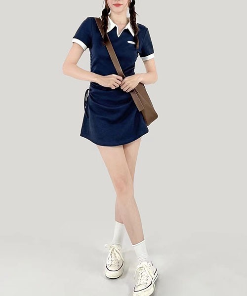gossip！ロサンゼルス（ゴシップロサンゼルス）の「配色襟ポロ サイド紐調節シャーリング スウェットミニワンピース 3 カラー展開（ワンピース・レディース・ネイビー/ブラック/グレー・FREE）」の12枚目の写真