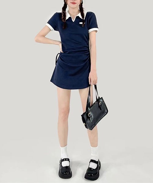 gossip！ロサンゼルス（ゴシップロサンゼルス）の「配色襟ポロ サイド紐調節シャーリング スウェットミニワンピース 3 カラー展開（ワンピース・レディース・ネイビー/ブラック/グレー・FREE）」の20枚目の写真