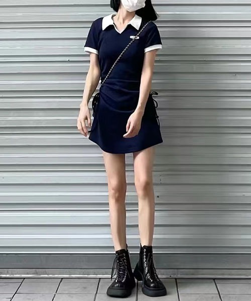 gossip！ロサンゼルス（ゴシップロサンゼルス）の「配色襟ポロ サイド紐調節シャーリング スウェットミニワンピース 3 カラー展開（ワンピース・レディース・ネイビー/ブラック/グレー・FREE）」の14枚目の写真