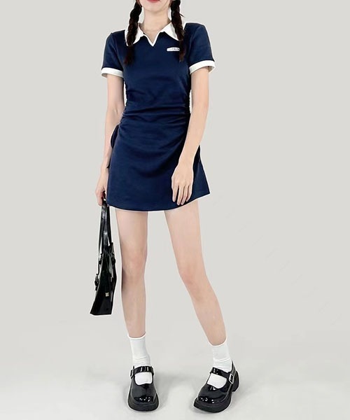 gossip！ロサンゼルス（ゴシップロサンゼルス）の「配色襟ポロ サイド紐調節シャーリング スウェットミニワンピース 3 カラー展開（ワンピース・レディース・ネイビー/ブラック/グレー・FREE）」の15枚目の写真