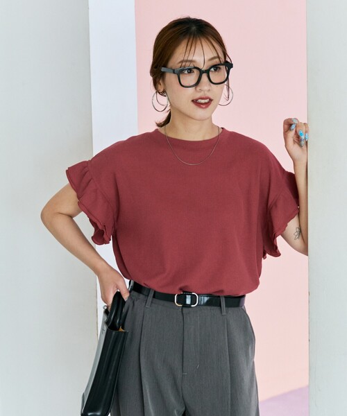 セール】限定展開 ワッフル フリル 袖トップス（Tシャツ