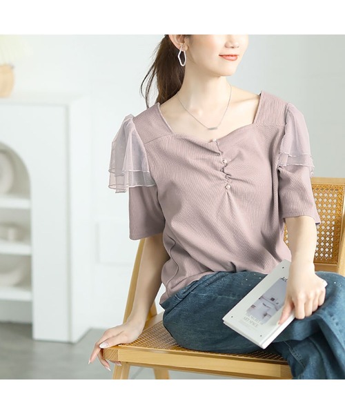 GOLDJAPAN（ゴールドジャパン）の「肩フリルシャーリングハートネックトップス【大きいサイズ対応】（Tシャツ/カットソー・レディース・ブラック/ラベンダー・LL/3L/4L/5L）」の8枚目の写真