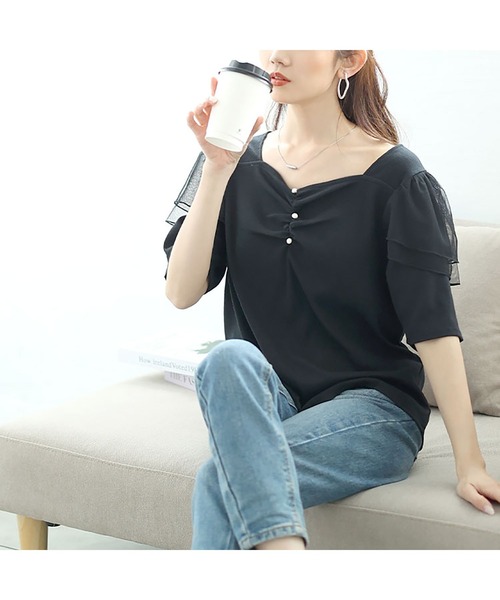 GOLDJAPAN（ゴールドジャパン）の「肩フリルシャーリングハートネックトップス【大きいサイズ対応】（Tシャツ/カットソー・レディース・ブラック/ラベンダー・LL/3L/4L/5L）」の10枚目の写真