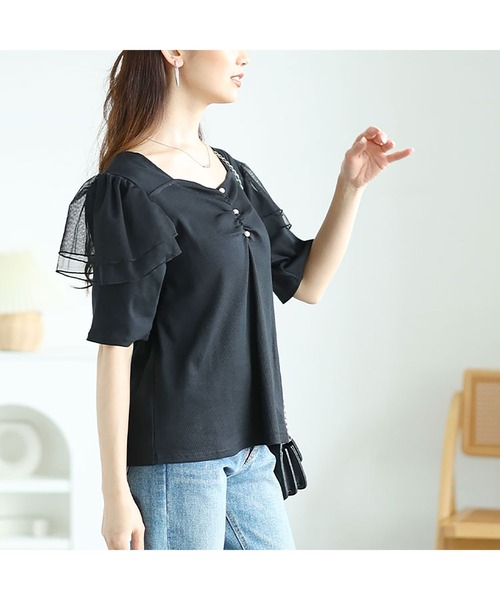 GOLDJAPAN（ゴールドジャパン）の「肩フリルシャーリングハートネックトップス【大きいサイズ対応】（Tシャツ/カットソー・レディース・ブラック/ラベンダー・LL/3L/4L/5L）」の11枚目の写真