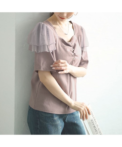 GOLDJAPAN（ゴールドジャパン）の「肩フリルシャーリングハートネックトップス【大きいサイズ対応】（Tシャツ/カットソー・レディース・ブラック/ラベンダー・LL/3L/4L/5L）」の13枚目の写真