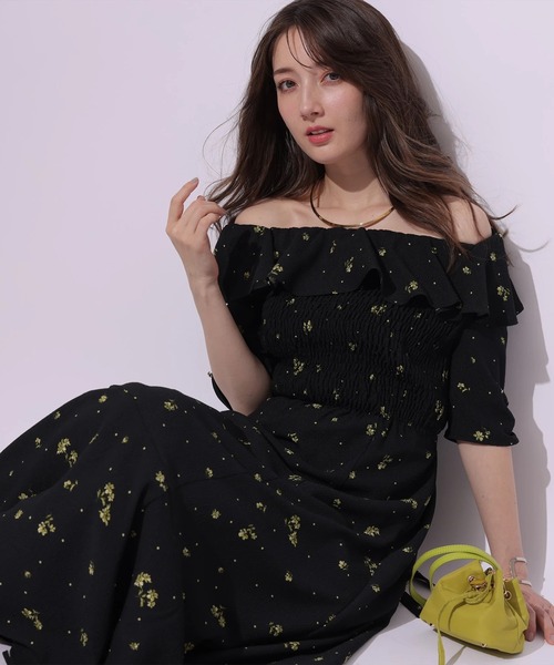 フラワーシャーリングパネルワンピース / Flower shirring panel