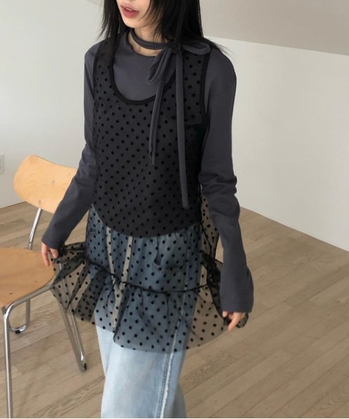 gossip！ロサンゼルス（ゴシップロサンゼルス）の「Y2K シアードット レイヤリングミニ丈ワンピース 【垢抜けレイヤードアイテム】（ワンピース・レディース・ブラック/ホワイト・FREE）」の15枚目の写真