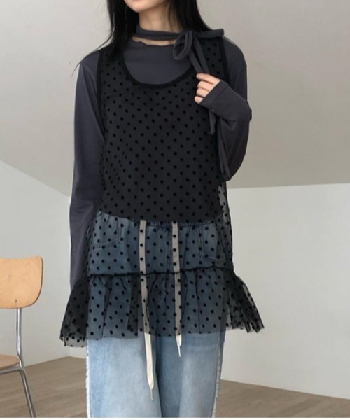 gossip！ロサンゼルス（ゴシップロサンゼルス）の「Y2K シアードット レイヤリングミニ丈ワンピース 【垢抜けレイヤードアイテム】（ワンピース・レディース・ブラック/ホワイト・FREE）」の17枚目の写真