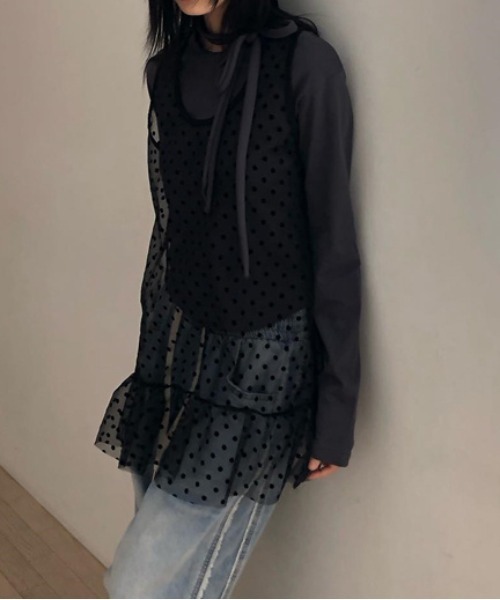 gossip！ロサンゼルス（ゴシップロサンゼルス）の「Y2K シアードット レイヤリングミニ丈ワンピース 【垢抜けレイヤードアイテム】（ワンピース・レディース・ブラック/ホワイト・FREE）」の19枚目の写真