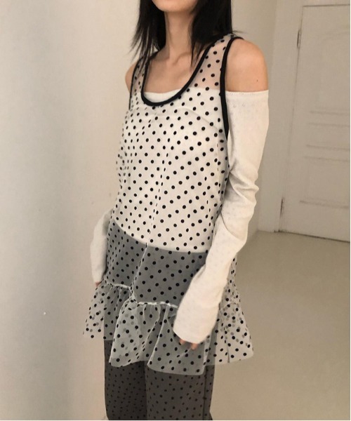 gossip！ロサンゼルス（ゴシップロサンゼルス）の「Y2K シアードット レイヤリングミニ丈ワンピース 【垢抜けレイヤードアイテム】（ワンピース・レディース・ブラック/ホワイト・FREE）」の6枚目の写真