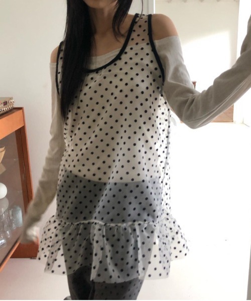 gossip！ロサンゼルス（ゴシップロサンゼルス）の「Y2K シアードット レイヤリングミニ丈ワンピース 【垢抜けレイヤードアイテム】（ワンピース・レディース・ブラック/ホワイト・FREE）」の7枚目の写真