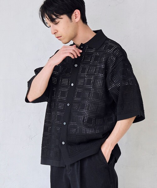 RONEL(ロネル)の「【RONEL】メッシュシャツ カーデ(ニット/セーター・メンズ・ブラック/ベージュ・M/L/S/XL)」の1枚目の写真