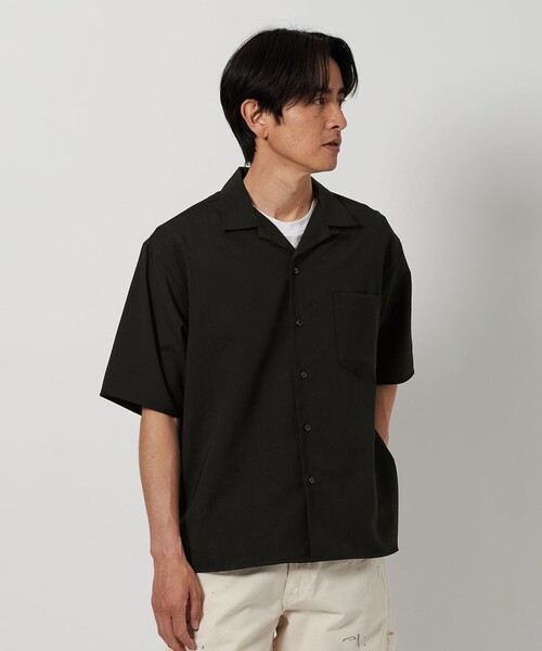新品BEAUTY&YOUTH ネイビー 半袖シャツ L ビームス アローズ セール】FLAX ライク オープンカラー フォルム シャツ ‐横