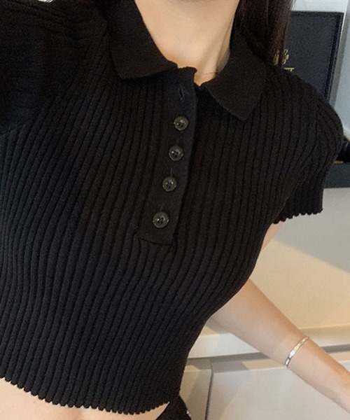 WESTSEA(ウエストシー)の「襟付き サマーリブニット ショート丈 トップス(ニット/セーター・レディース・グリーン/ブラック・FREE)」の4枚目の写真