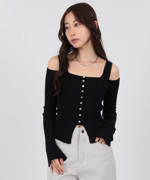SUWDEE(スーディー)の「strap offshoulder rib knit pullover(Tシャツ/カットソー・レディース・グレー/ブラック・FREE)」の1枚目の写真