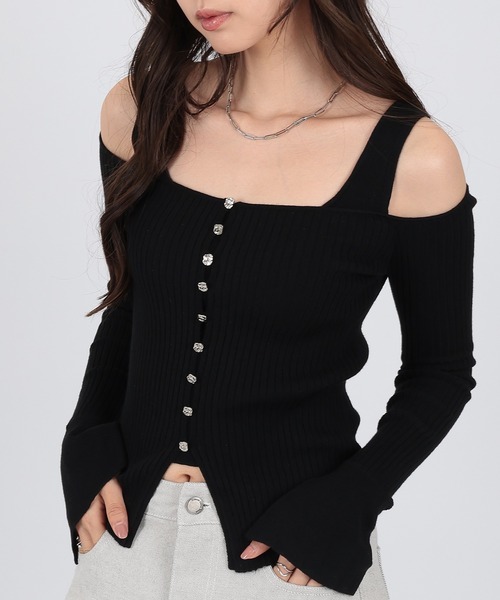 SUWDEE(スーディー)の「strap offshoulder rib knit pullover(Tシャツ/カットソー・レディース・グレー/ブラック・FREE)」の4枚目の写真