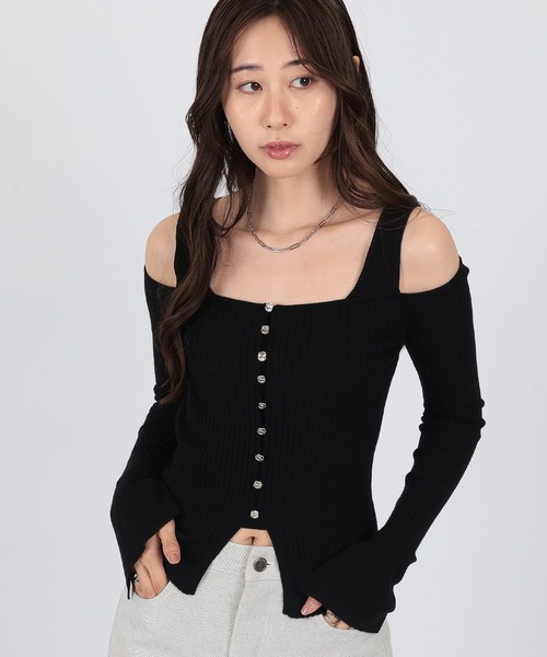 SUWDEE(スーディー)の「strap offshoulder rib knit pullover(Tシャツ/カットソー・レディース・グレー/ブラック・FREE)」の5枚目の写真