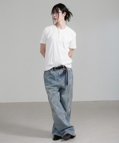 Chikashitsu＋】henry neck half sleeve tee / 【チカシツプラス