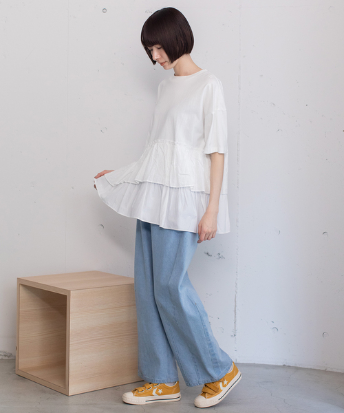 POU DOU DOU（プードゥドゥ）の「ウェーブフリルヘムTee（Tシャツ/カットソー・レディース・オフホワイト/ブラック・M）」の5枚目の写真