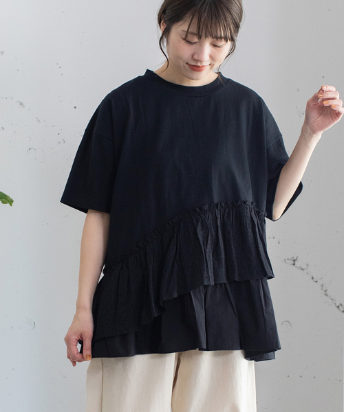 POU DOU DOU（プードゥドゥ）の「ウェーブフリルヘムTee（Tシャツ/カットソー・レディース・オフホワイト/ブラック・M）」の9枚目の写真