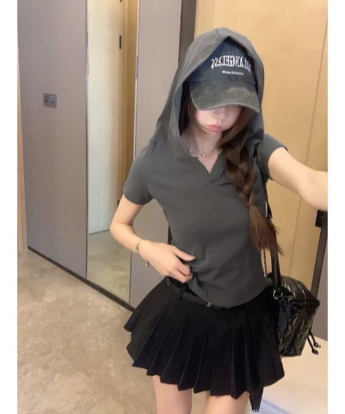 ARCHIVER(アーカイバ)の「【Lp】スキッパーフードTシャツ(Tシャツ/カットソー・レディース・グレー/ブラック・MEDIUM/LARGE)」の2枚目の写真