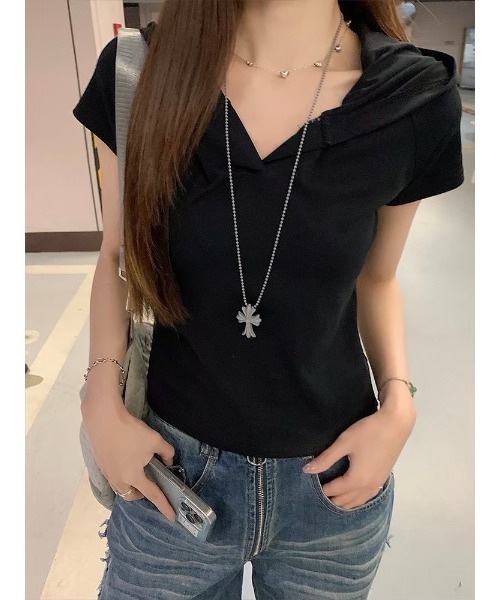 【超美品✨】自由区スキッパードレープシャツカットソー Lp】スキッパーフードTシャツ（Tシャツ/カットソー）｜ARCHIVER