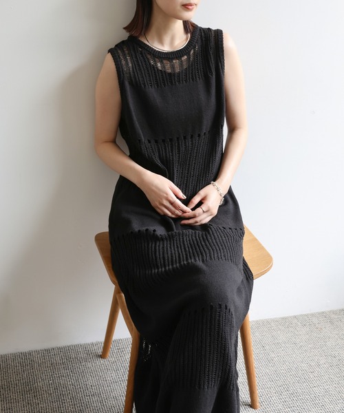 select MOCA Et（セレクトモカエト）の「【Et】Sheer-patterned knit One-piece（ワンピース・レディース・サンドベージュ/ブラウン/ブラック・FREE）」の4枚目の写真