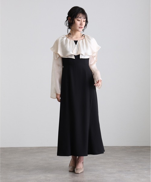 atlo(アトロ)の「ミモレ丈&袖あり フォーマル スリット スリーブビックカラー フレア 光沢感セレモニー 結婚式 二次会 パーティー ドレス オケージョンドレス 同窓会 成人式 お呼ばれ 謝恩会 20代 30代(ドレス・レディース・ネイビー/ブラウン系その他/オフホワイト・M)」の8枚目の写真